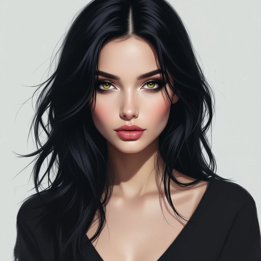 Show character head to toe. Create mysterious woman jet-black hair is cut sharpand her eyes seem to pierce through darkness. A shadowy aura clings to her form,