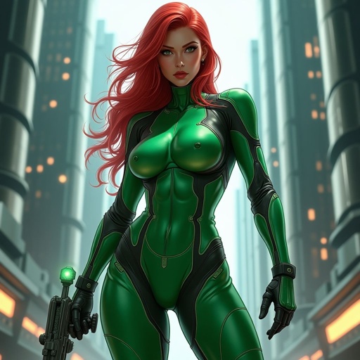 Full Body Mass Effect Babe wielding an Omni tool synthweave green bodysuit red head