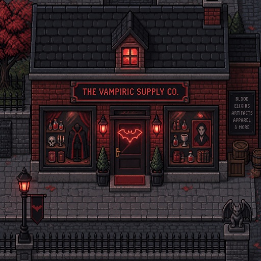 Vampire items store for a fantasy game set in modern times, exterior, full building, top-down style
