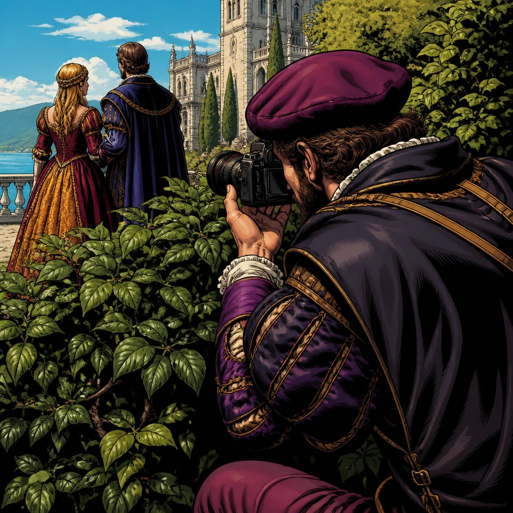 Vivid colours no speech bubble no print dots. A paparazzi dressed and renaissance costume is photographing with a modern camera behind a group of bushes we see him 3/4 from the rear his pose is very sneaky highly realistic.