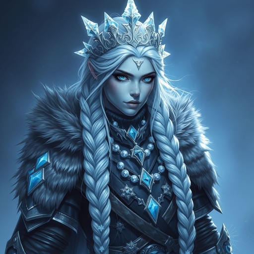 Create a character head to toe showing the whole character, meaning legs feet body face everything: A tall, battle-hardened woman with pale, icy-blue skin. Her long silver hair flows in braids tipped with frozen beads. She wears heavy, fur-lined armor made from the hides of snow beasts. Her eyes glow faint blue. A frost-shaped crown rests lightly on her head.