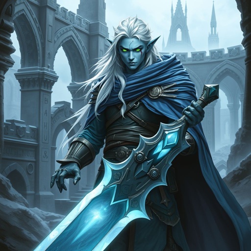 An Eladrin male in his winter form stands in a high fantasy setting, surrounded by the ancient, weather-worn ruins of elegant elven architecture, hinting at a world touched by past conflict. His skin is a pale, icy blue, and his long hair flows pure white tied up into a messy bun with curls running down his shoulders. His eyes glow with an intense, sickly, pulsing green—tainted by visible magical corruption. A deep, jagged scar, unhealed and raw, marks his chest. He wears intricate, medium armor, layered and functional, over which a heavy, billowing blue cloak flows dramatically in the wind. In his hands, he wields a large, enchanted greatsword with no crossgaurd. The sword features a striking design: a large, pale blue crystal embedded in the center of the blade where the crossgaurd should be and a smaller, matching crystal set in the pommel, both pulsing with arcane energy. His expression is one of reckless determination, caught between desperation and purpose. The background reflects subtle signs of a magical war, with broken stone arches, glowing runes, and distant elven spires fading into a cold, misty atmosphere.