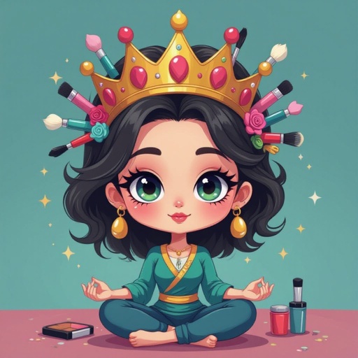 Create a chibi character mid 30’s lady who is the meditating with crown of makeup stuff