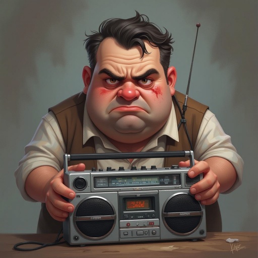 Create a funny fat guy who isnt friendly from New York  has a boom box radio and is a stoner 