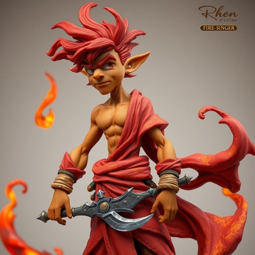 Create a character: Rhen the Fire-Singer – A lean, muscular man with sun-kissed bronze skin and ember-like eyes. His hair is a wild mane of deep crimson. He wears layered, flowing desert robes dyed in warm reds and golds, with scorch marks where flames have licked them. A curved blade hangs at his hip.