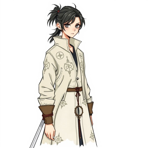 Tall, lean build with striking storm-grey eyes. Dark hair often loosely tied. Wears practical, well-worn clothes beneath a long coat lined with subtle sigils and thorn-stitch embroidery. Always carries a curved blade and a charm of woven vine.