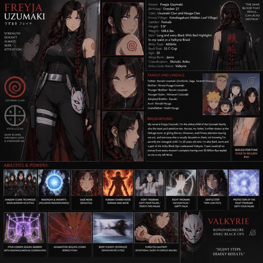Name: Freyja Uzumaki

Birthday: October 27

Clan: Uzumaki Clan and Hyuga Clan

Home Village: Konohagakure (hidden Leaf Village)

Gender: Female

Height: 5'9"

Weight: 168.6 lbs.

Hair: Long and wavy Black With Red Highlights to my waist in a Valkyrie Braid

Body Type: Atheltic

Bust Size: 32 C-Cup

Age: 20

Background: My name is Freyja Uzumaki I'm the oldest child of the Uzumaki family also the least paid attention too, Naruto, My father, is either always at the Hokage tower or giving Boruto, Himawari, and Hinata attention leaving Me out, and everyone else is usually focused on them, not knowing I'm secretly the strongest child. I'm 20 years old now. I'm also Rank Jonin and a part of the Anbu Black Ops Codenamed Valkyrie. I have saved all my money from everyone mission I complete having over 50 Billion Ryo sealed on me in my left Wrist.

Ninja Rank: Jonin

Family and Lineage: Father Naruto Uzumaki (Jinchūriki, Sage, Seventh Hokage).
Mother Hinata Hyuga-Uzumaki. Younger Brother Baruto Uzumaki. Younger Sister Himawari Uzumaki. Adopted brother Kawaki. Aunt Hanabi Hyuga. Grandfather Hiashi Hyuga.

Classification: Shinobi, Anbu

Anbu Code Name: Valkyrie

Abilities & Powers: 

Shadow Clone Technique (kage Bunshin no jutsu), Rasengan and its variants (including Rasenshuriken), Sage Mode (senjutsu), Kurama Chakra Mode/Kurama Sage Mode, Eight Trigrams Sixty-Four Palms / Thirty-Two Palms, Eight Trigrams Vacuum Palm / Empty Palm, Gentle Step Twin Lion Fists, Protection of the Eight Trigrams Sixty-Four Palms, Four-Corner Sealing Barrier (with assistance/medical coordination),

Adamantine Sealing Chains (Kongo Fusa): manifests special chakra-infused chains from her body that can bind, restrain, and immobilize massive targets—including the full power of Kurama (the Nine-Tails) even while on the verge of death.

Body Flicker Technique (Shunshin no Jutsu): A high-speed movement technique used for rapid short-distance bursts

Fūinjutsu Mastery: Exceptional talent in complex sealing