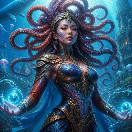 a woman in a costume with an octopus on her head