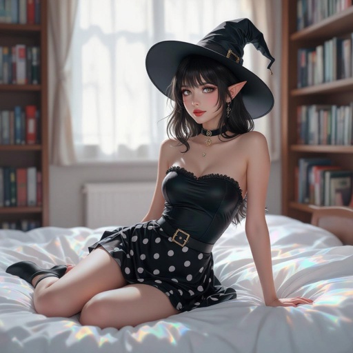 Dark Brunette Elf Witch Librariani with With Hat.  Strapless Bathing Suit Top and Black and white Polka Dot Mini Pencil Skirt laying on Library Bed