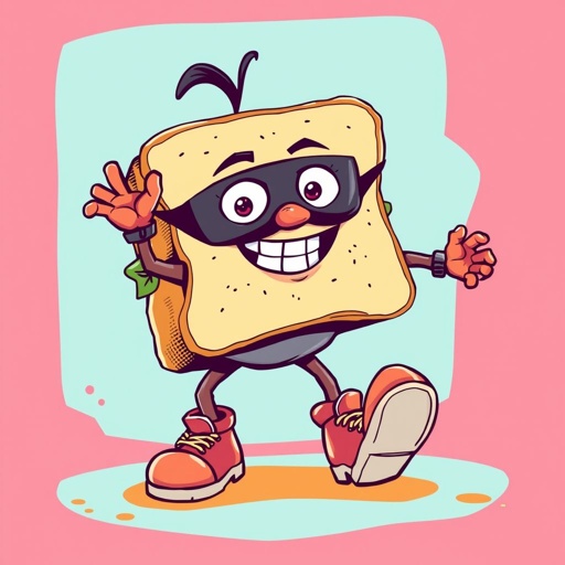 Create a funny looking clumsy sandwhich thief with funny shoes on. Make him have on the bandit black thing around his eyes 