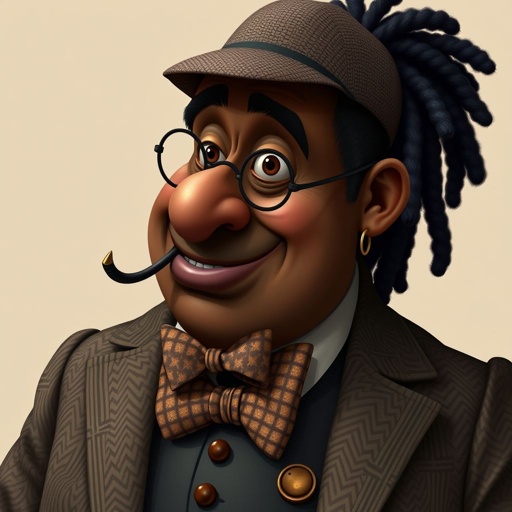 Create a funny fat character similar to Sherlock Holmes, but make him of black decent and with dread locks. Show his whole outfit including his shoes.