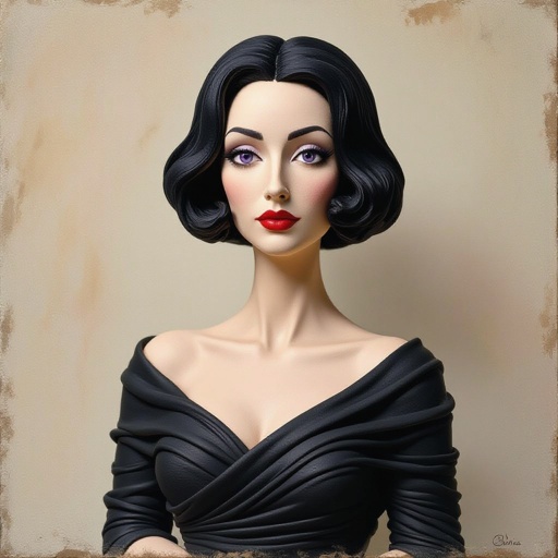 Create A lithe, mysterious woman draped in layered black silks that move like smoke around her. Her jet-black hair is cut sharp to her jawline, and her violet eyes seem to pierce through darkness.