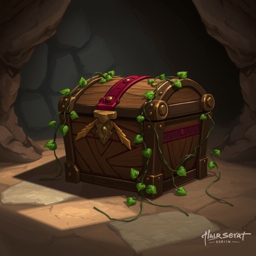Closed elegant wooden treasure chest with red banding sitting on cave floor by itself 