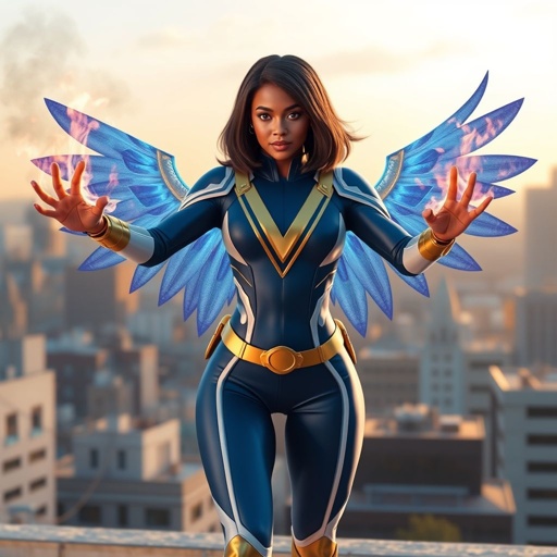 A young African American female superhero with shoulder length hair in a side part style wearing a blue and white suit made of spandex like material that’s slightly armored with gold accents with white pants and gold boots with a stylized V as her chest emblem with wings made of blue fire shooting blue fire out of her hands standing on a roof in a Philadelphia at dawn