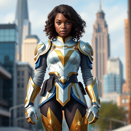 A teenage African American female superhero with hair in a shoulder length side part style wearing a slightly medievally armored white and Gold suit with blue accents and a stylized V as her chest emblem a utility belt and gold boots standing in Philadelphia
