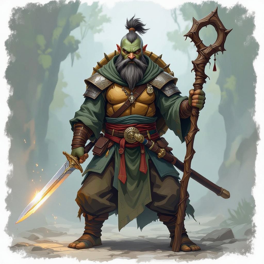 Turtle monk with a short sword and a staff, with a spiky beard