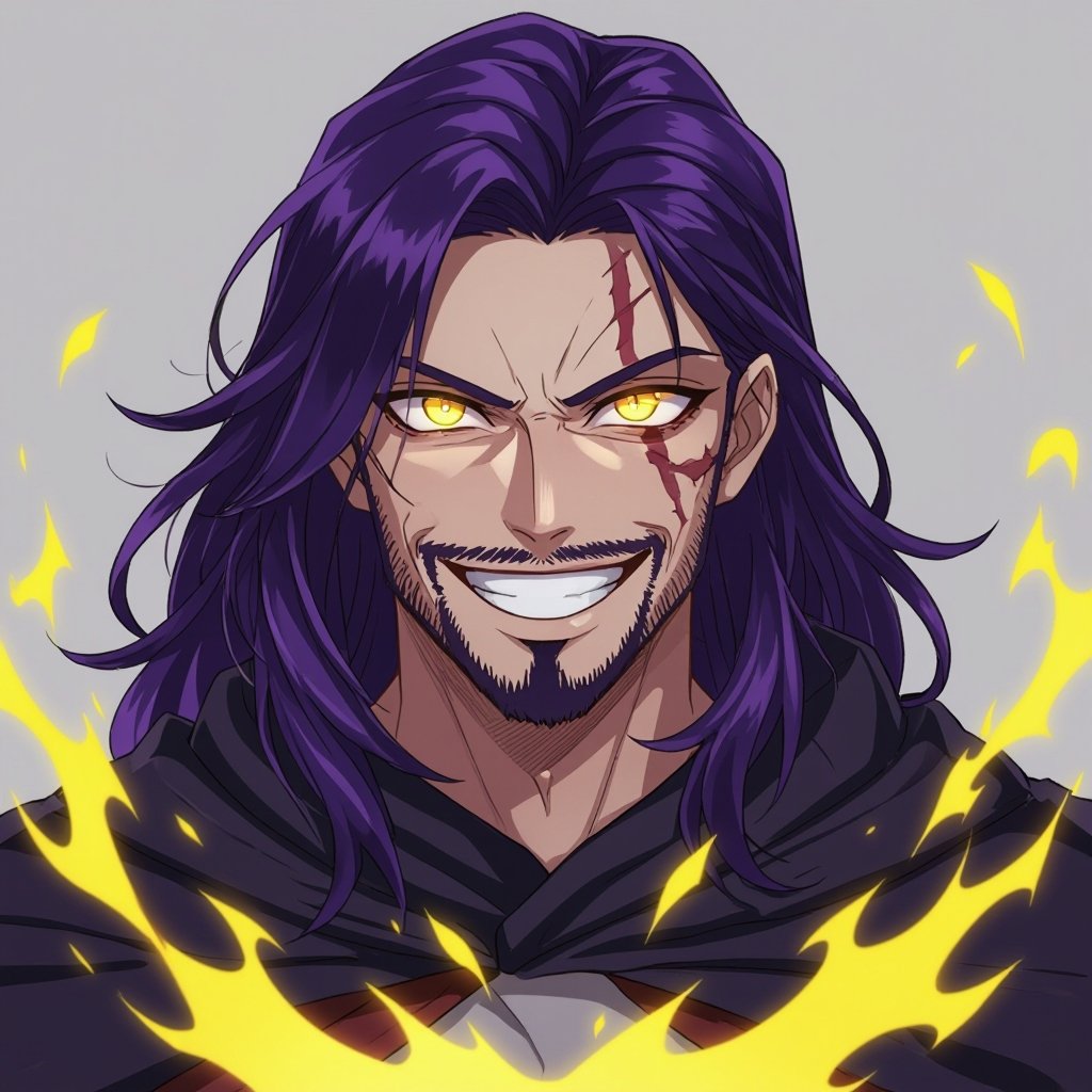 A long dark purple haired 20 year old with a big evil smile who has a stubble beard with yellow glowing eyes and Egyptian art on his face big strong guy with a dark cloak over himself a scar over his eye and looks upset but excited for battle with a yellow purple aura 