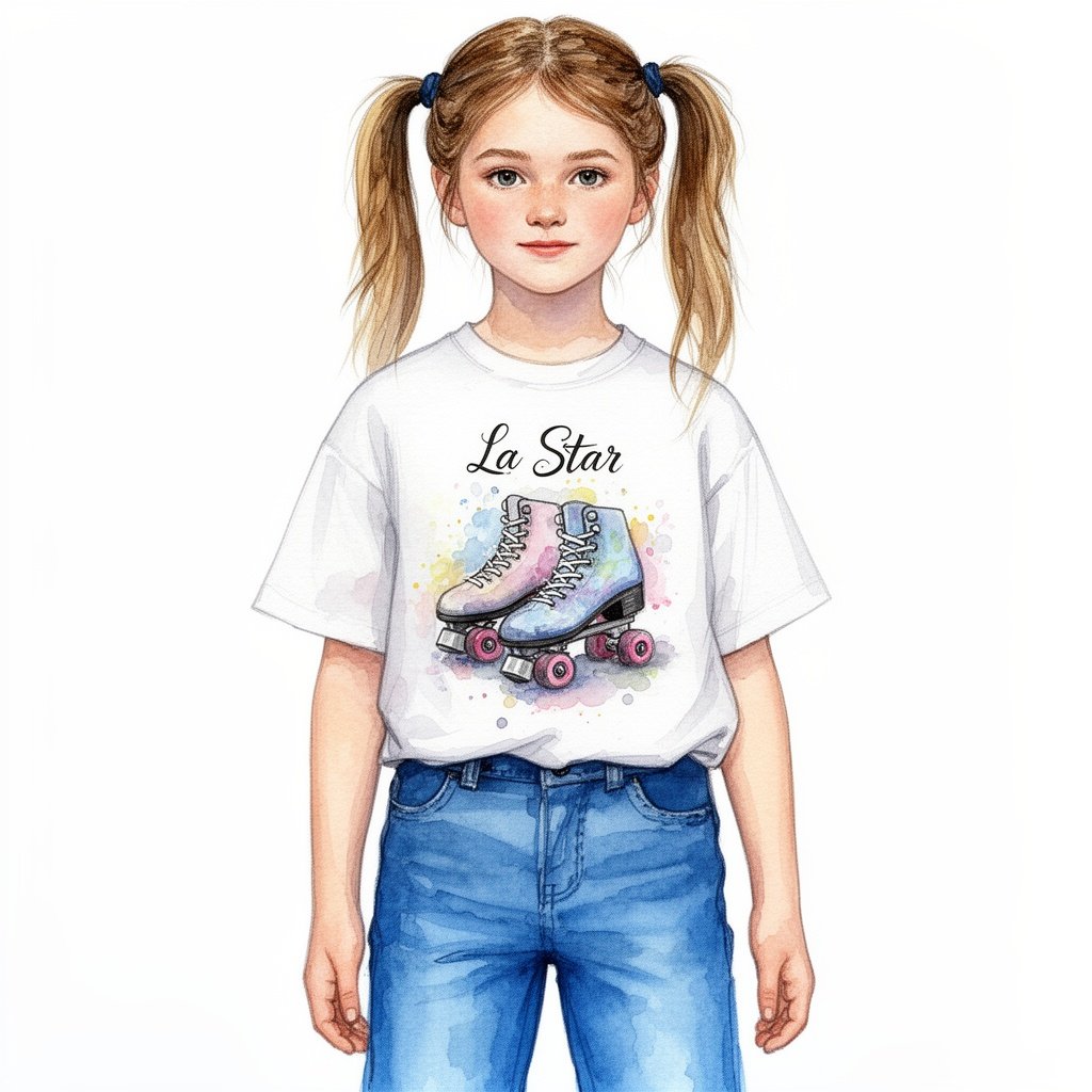 white shirt with roller skates on it and blue pants and a girl with two pony tail and and on the shirt also has the word s La Star