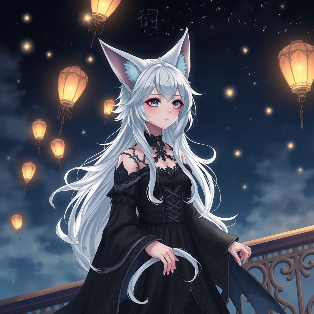 A teenage girl with pale skin dressed in mysterious black attire with hair as white as snow and small fox ears, sitting on a balcony watching lanterns fly in the sky at midnight