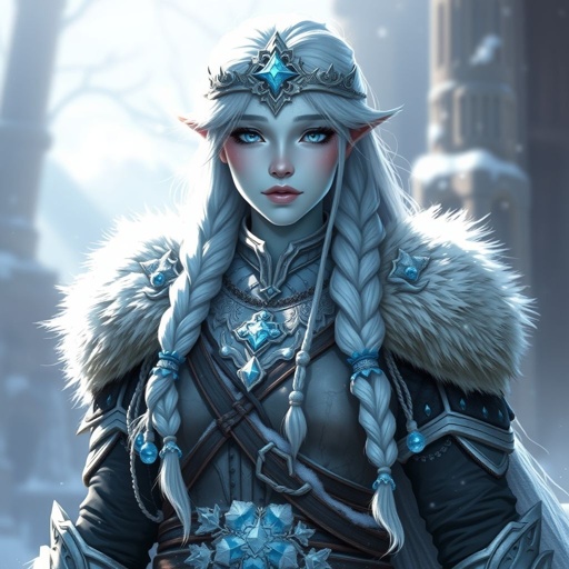 Create a character head to toe showing the whole character: Alvara the Frostheart – A tall, battle-hardened woman with pale, icy-blue skin that glimmers like frost in the sun. Her long silver hair flows in braids tipped with frozen beads. She wears heavy, fur-lined armor made from the hides of snow beasts. Her eyes glow faint blue. A frost-shaped crown rests lightly on her head.