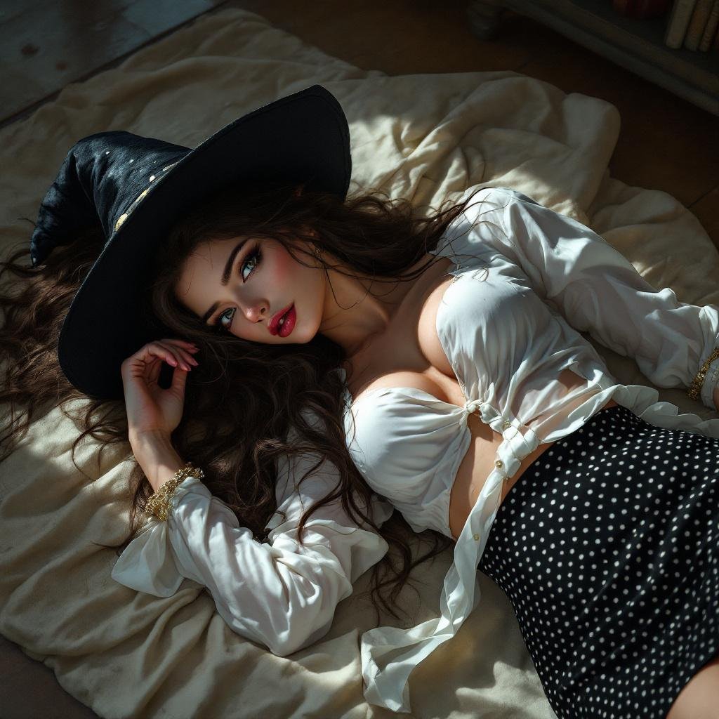 Brunette Elf Wizard Librarian with Long brunette hair in a tight black and white polka dot mini pencil skirt and a white open blouse and a witches hat. She is lying on the floor drunk