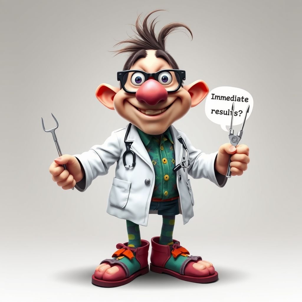 create a funny looking doctor, named doctor p Pom. Who is funny looking from head to toe. And he always says immediately results to surgery for anything even small things