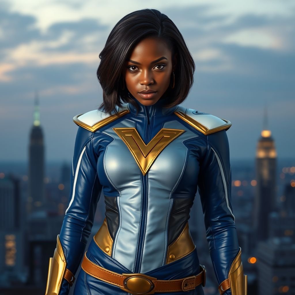African American female superhero with shoulder length hair in a side part style and wearing a homemade leather white blue and gold suit with blue pants with a stylized V as her chest emblem wearing gold flat boots made of gold fire standing in Philadelphia at dusk