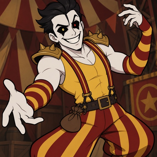 Male, white painted skin, black slick back spiked hair, one hair strand on forehead, completely black eyes, one red one yellow pupil, one black spike under eyes, black lines above lines under eyebrows, big smile, sleeveless yellow shirt, red suspenders with yellow stripes poofy on the bottom, red and yellow striped arm warmers, gold shoulder pads, small brown sack attached to belt, posing