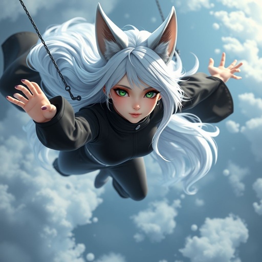 A young pale female with white hair and fox ears and emerald eyes wearing a black attire falling from the sky
