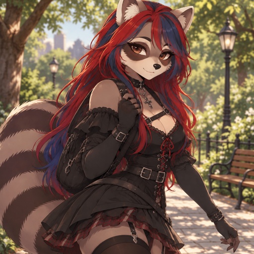 a woman with red hair and a raccoon costume