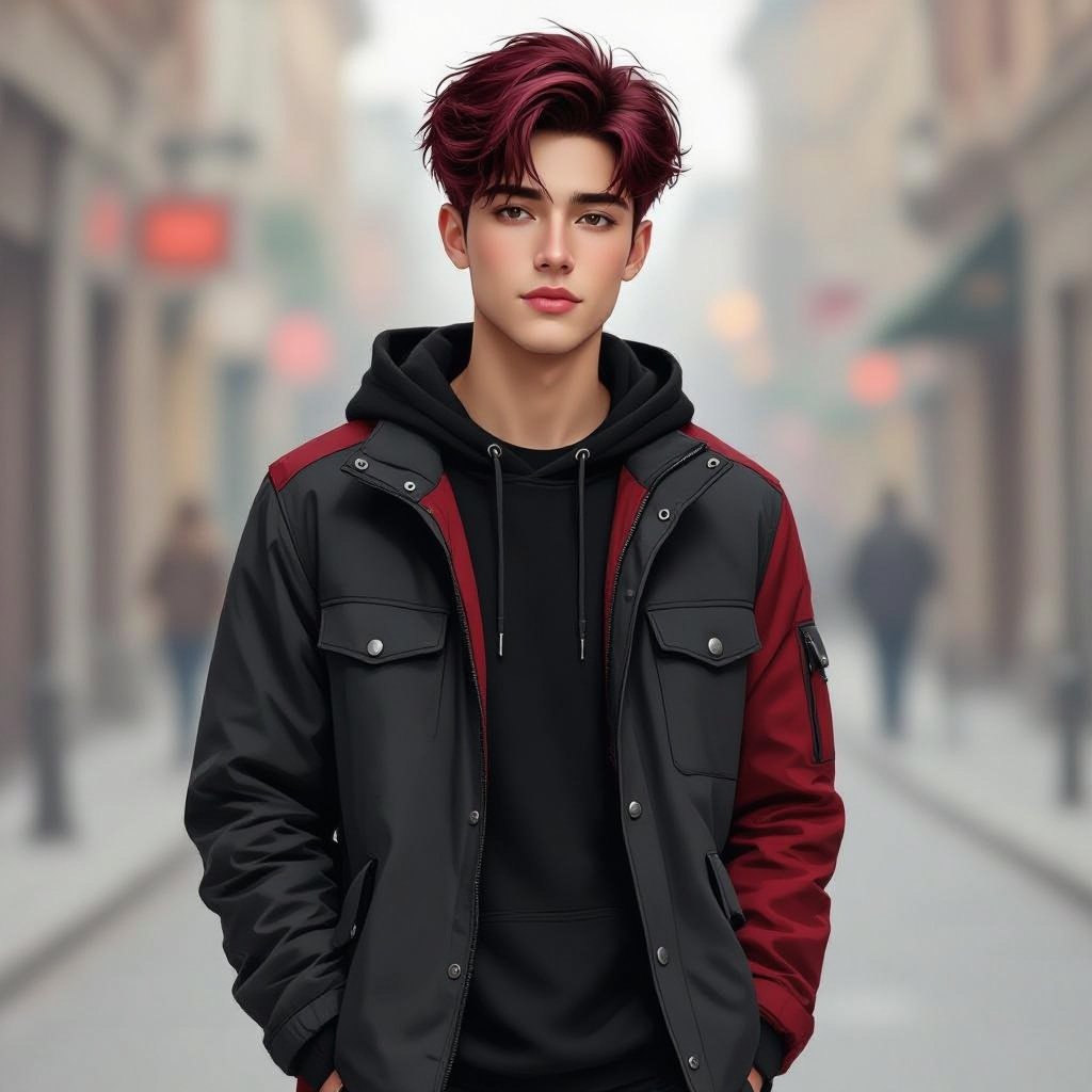 Male 18-year old no beard dyed dark red hair dark grayish and red and black clothes slightly chubby cheeks