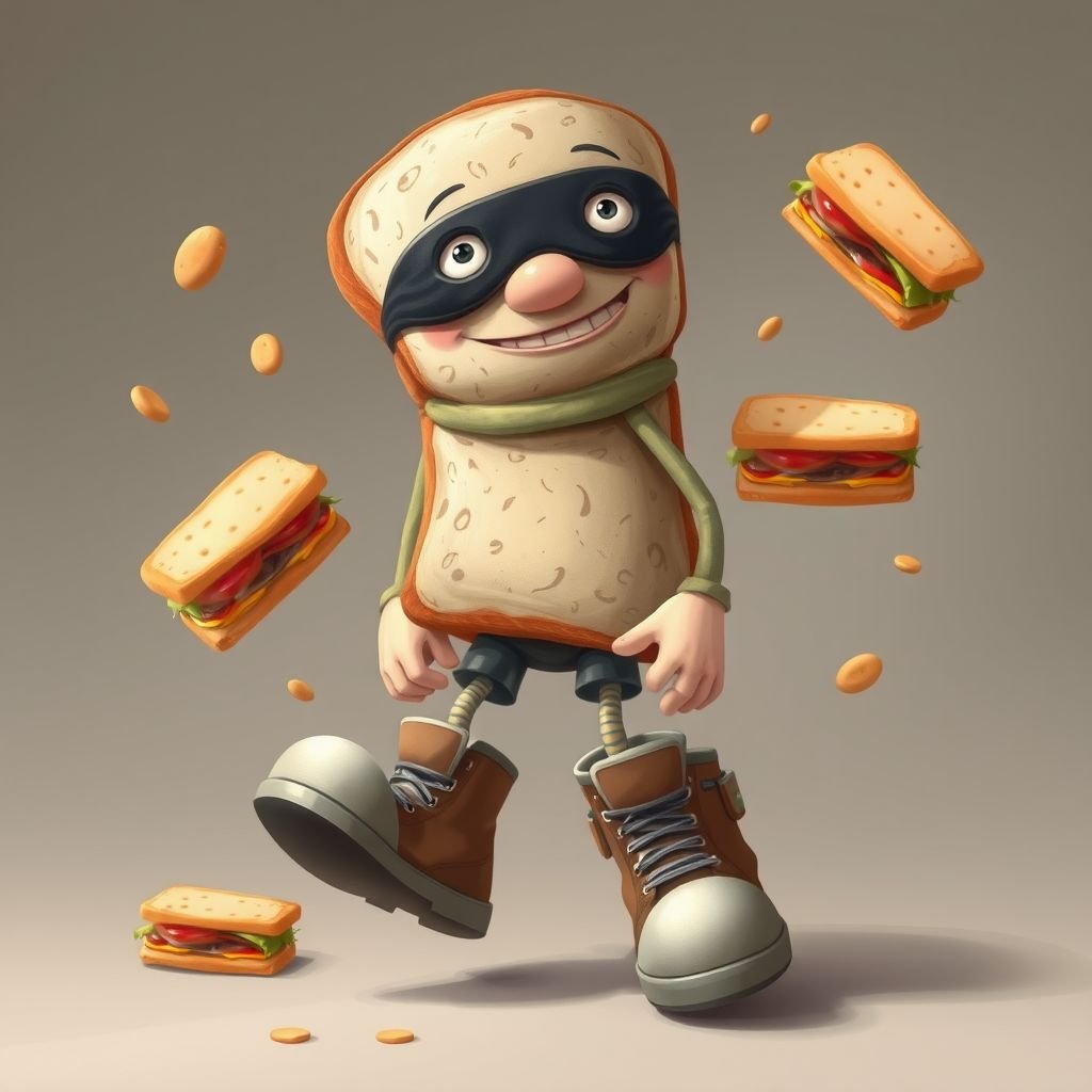 Create a funny looking clumsy sandwhich thief with funny shoes on. Make him have on the bandit black thing around his eyes