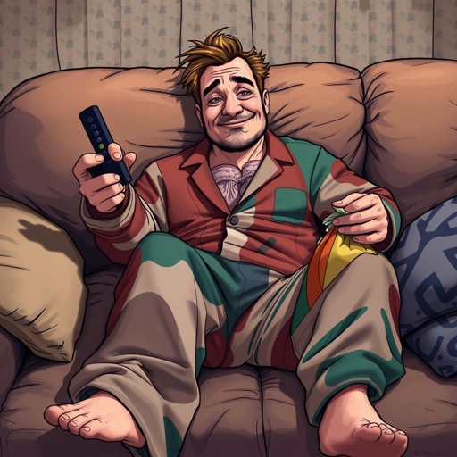 Create mid 30 character who is lazy as heck. And you could tell from his face and his entire outfit. Make is funny and the style of the graphic photographic