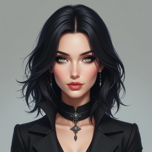 Show character head to toe. Create a mid age fantasy woman jet-black hair is cut sharpand her eyes seem to pierce through darkness. A shadowy aura clings to her form,