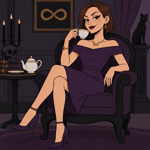 Female, slim, brown cheek length smooth front hair, neck length back hair, freckles, dimples, long eyeliner, upturned nose, drinking tea, bad guy, knee length purple dress off the shoulders, jewelry, necklace infinity symbol, heels, wedding ring, smirk, no cleavage showing