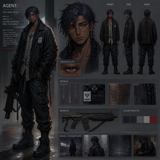 Anime male in his 20s part Asian part white dark blue hair messy in a braid wearing a baggy jacket,weapon and good at everything highly skilled agent, late 20s, tired, tall, migraines, sensitive to light,jokes,red eyes, serious face experiment,coffee, hates people he has powers he could use but doesn't have full control dangerous hates being told what to do,one eye damage, glasses,spiders,earrings will agree to help but on his terms or for a price hard to figure out what his true emotions are or if he even has any doesn’t remember anything drone his past before the experiment 