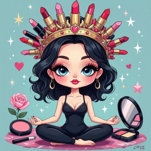 Create a chibi character mid 30’s lady who is the meditating with crown of makeup stuff