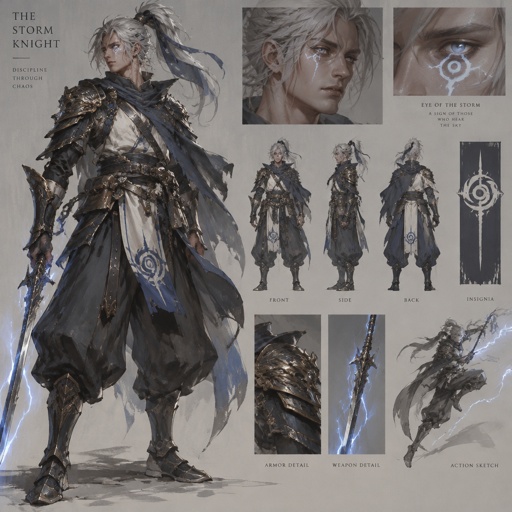 lightning knight, plume grey hair, eye of the storm mark, baggy pants