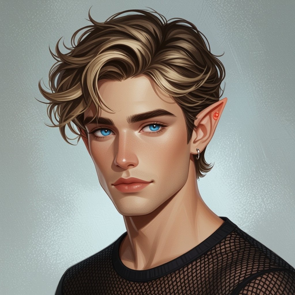 Mężczyzna. Człowiek. Delikatna uroda, włosy krótkie zasłaniające uszy, lekko kręcone, ciemnyblond. Oczy jasnoniebieskie. Delikatnie zadarty nos. Wąska, uwydatniona szczęka. Ubrany alternatywnie. Normalne uszy. Bez kolczyków. Ubrany na czarno w siatkowaną bluzkę.