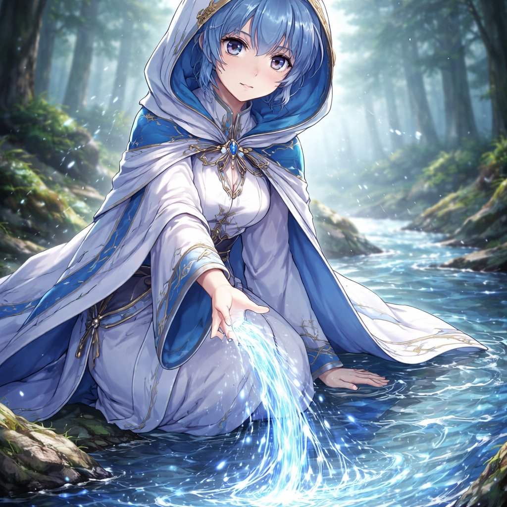 A 17-year-old female healer named Quvara stands near a gently flowing river in a dense forest. She is of average height with a calm yet quietly resolute presence. Her skin is fair, unmarred by scars, reflecting her role as a healer rather than a frontline warrior. She has short, deep blue hair that frames her face neatly, moving slightly in the breeze. Her eyes are clear and gentle, carrying a composed, thoughtful expression that hints at hidden strength beneath her calm exterior. Quvara wears traditional healer robes in flowing white and soft blue tones, adorned with subtle Tidal Vein embroidery along the sleeves and hem. The fabric appears light and practical, designed for mobility, with faint water-like patterns woven into the cloth. No armor is visible, emphasizing her identity as a support healer rather than a combatant. One hand is slightly raised, drawing clear water from the nearby river into a controlled, floating stream—her water magic precise and refined rather than aggressive. The magic glows softly blue, calm and disciplined, with no visible sign of blood magic yet, only a quiet sense of restraint. The environment is serene but tense: filtered sunlight through tall trees, mist hovering over the river’s surface, and the suggestion of danger just beyond the calm. The overall mood is peaceful on the surface, yet layered with anticipation. Anime-style fantasy illustration, detailed linework, soft lighting, cinematic composition, clean color palette, emphasis on expression and atmosphere.