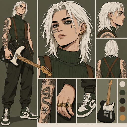 Male, shoulder length straight white hair, grey horizontal lines in hair, under eye mascara, multiple gold ear piercings, tear tattoo under eye, arm tattoos, multiple rings, sleeveless green turtle neck, brown suspenders, green tennis shoes, guitar