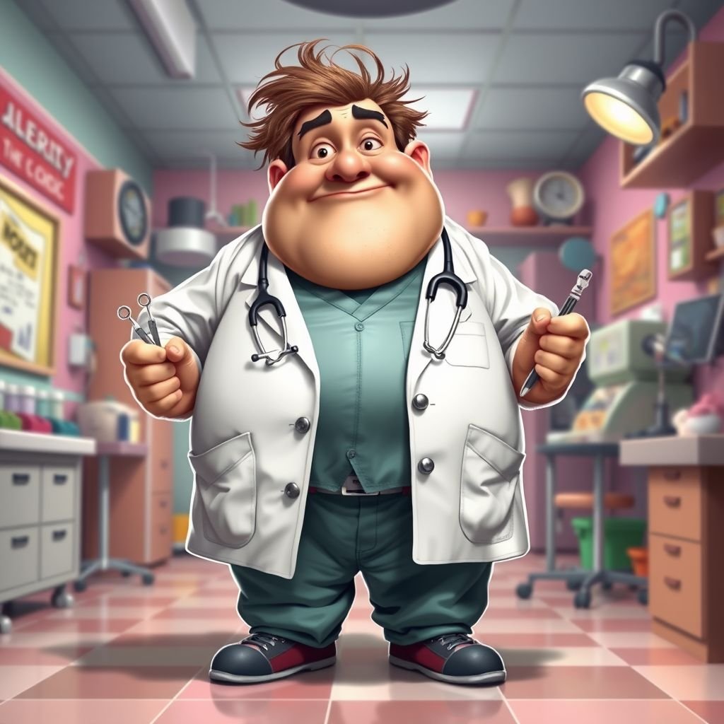 .. create a fat doctor. Who is funny human looking from head to toe. And he always immediately results to surgery for anything even small things. So please be sure to show his whole outfit head to toe. Make him have 1 tooth. Make it more adult humor instead of cartoon humor.