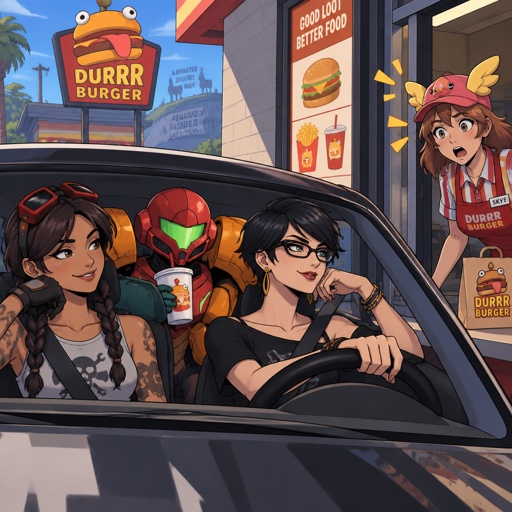 Jules from Fortnite, Samus Aran, Bayonetta from super smash bros short hair, all wearing casual clothes, driving through the drive through, Skye from Fortnite is the server wearing server uniform surprised 