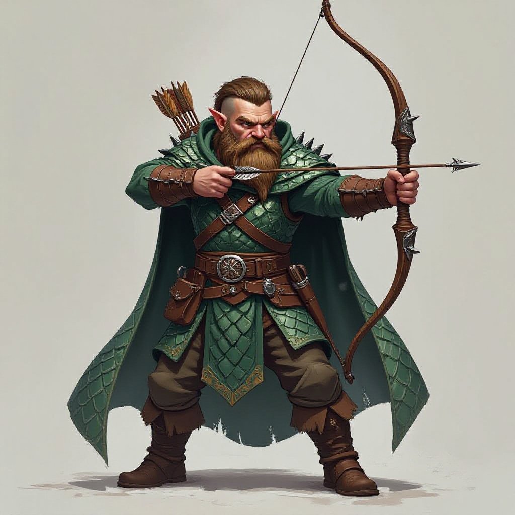 Young Dwarf male in dragon scale cloak with a longbow with sharp spikes on it