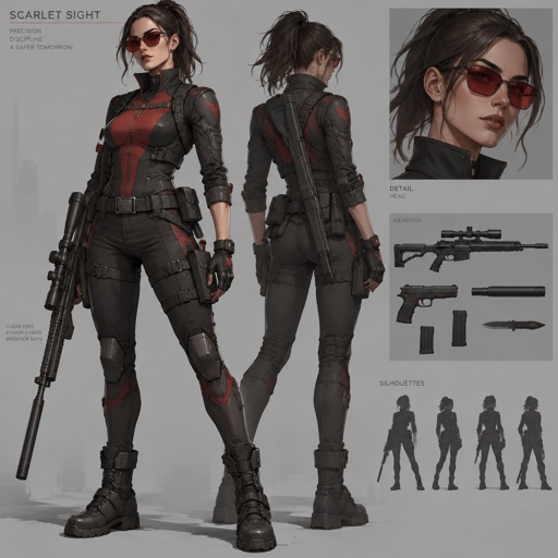 Female Superhero with enhanced marksman abilities, red sunglasses, costume design 