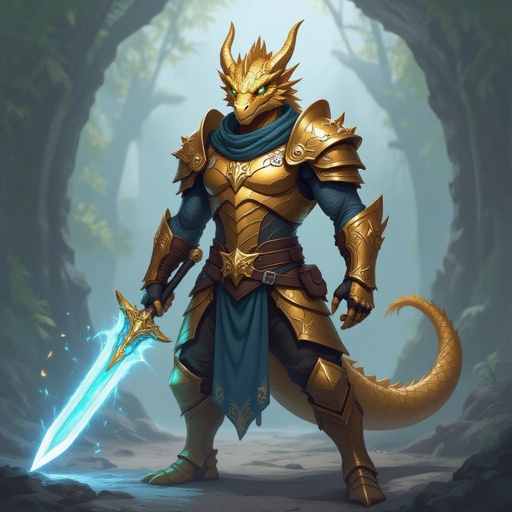 Golden male Dragonborn with no tail wielding a blue and gold short sword.he is also missing three fingers. He wears a gauntlet and no other armour.