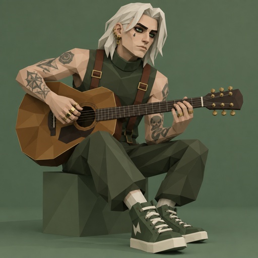 Male, shoulder length straight white hair, grey horizontal lines in hair, under eye mascara, multiple gold ear piercings, tear tattoo under eye, arm tattoos, multiple rings, sleeveless green turtle neck, brown suspenders, green tennis shoes, green eyes, playing guitar, male undercut spiked up blue hair, scar on mouth, large eyes, ear piercings, rings, bracelet, blue shirt upturned collar sleeveless, jeans, sneakers, necklace, male, smile, playing drums, jagged blue hair cut yellow tips, orange sleeveless hoodie, ripped pants, boots, smiling, dark blue eyes, singing, male dark blue ponytail, hair cover one eye, tan, eye bags, blue eyes, headphones, green striped sweater, grey pants, blue sneakers, playing bass, smiling