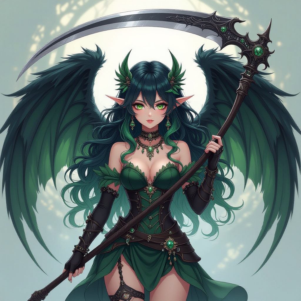 Dark pixie with big wings, wavy hair with green highlights, lots of jewelry, holding scythe