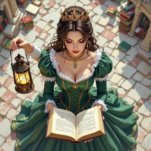 top view, battle map view, aerial view, woman, fancy dress, crown, holding a lantern, holding books, looking down, no background, stop looking up, top view, view of the top of her head, carrying books, looking down; zoomed out