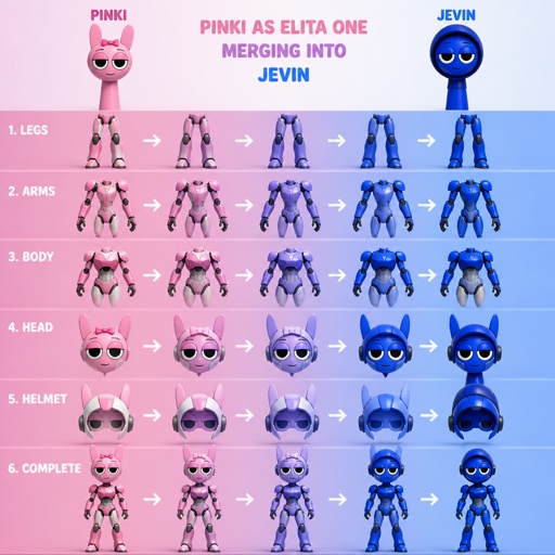 Pinki from Sprunki as Elita One merging her legs onto Jevin from Sprunki and then her arms and then her Body and lastly her head and helmet
